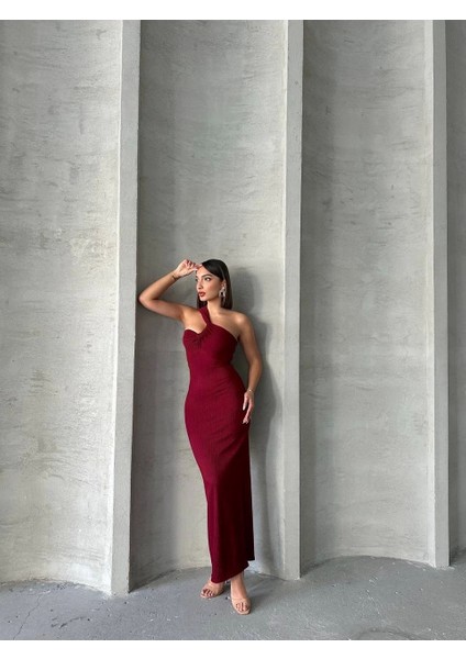 Krinkıl Tek Omuz Uzun Elbise Bordo S25455 modelleri