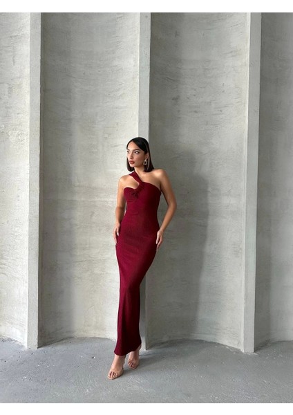 Krinkıl Tek Omuz Uzun Elbise Bordo S25455 indirimleri