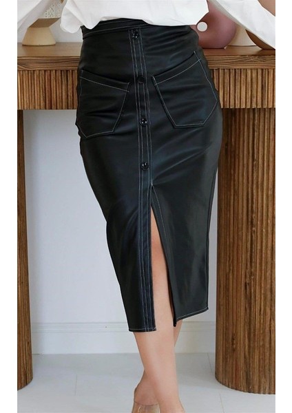 Siyah Cep Detaylı Deri Etek fiyatları