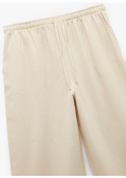 Yeni Sezon Beli Bağcıklı Geniş Paça Keten Karışımlı Pantolon