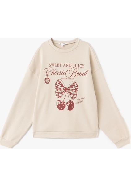 Yeni Sezon Şardonlu Kiraz Baskılı Uzun Kollu Bisiklet Yaka Oversize Sweatshirt modelleri