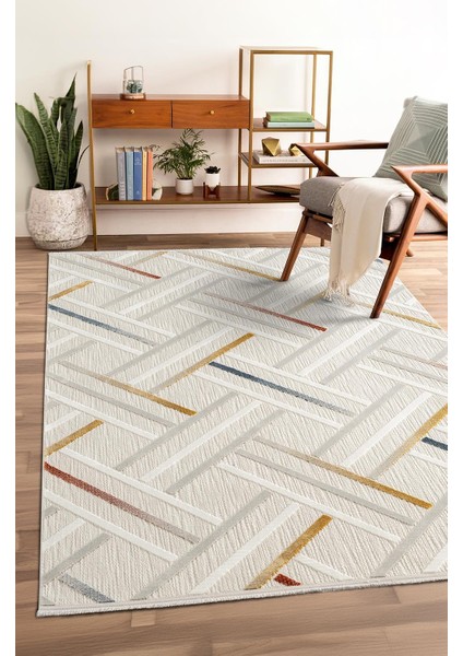 Tablo TL003A Krem Halı Çizgili Desen Antialerjik Pamuk Taban Yıkanabilir Salon Halısı Yatak Odası