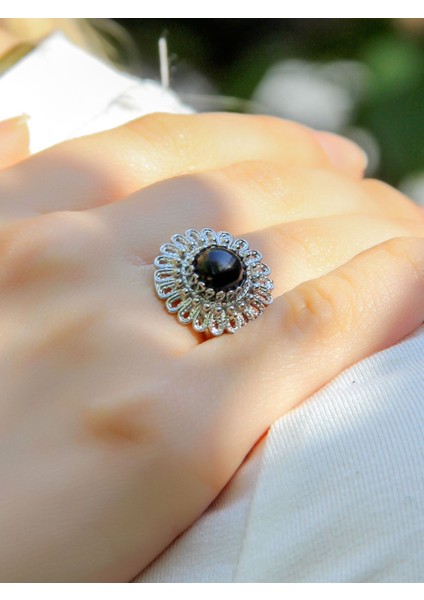 Doğal Taş Oniks Doğal Taşlı Telkari Model Kadın Ayarlanabilir Gümüş Kaplama Yüzük EUY63OR