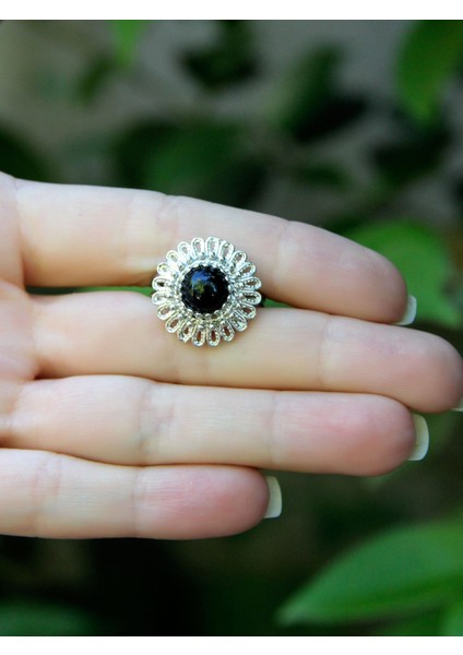 Doğal Taş Oniks Doğal Taşlı Telkari Model Kadın Ayarlanabilir Gümüş Kaplama Yüzük EUY63OR modelleri