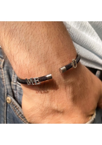 Gümüş 3 Harfli Siyah Çelik Bileklik
