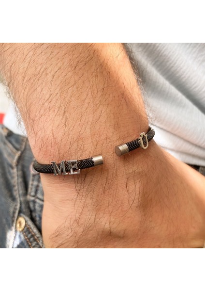 Gümüş 3 Harfli Siyah Çelik Bileklik modelleri