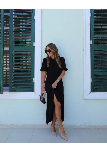 Kadın Kısa Kollu Bisiklet Yakalı Yandan Yırtmaçlı Büzgülü Janjan Krep Elbise