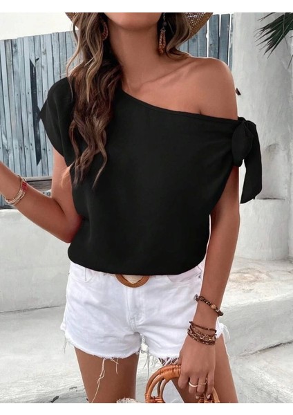 Kadın Tek Omuzu Açık Koldan Bağlamalı Janjan Krep Bluz modelleri