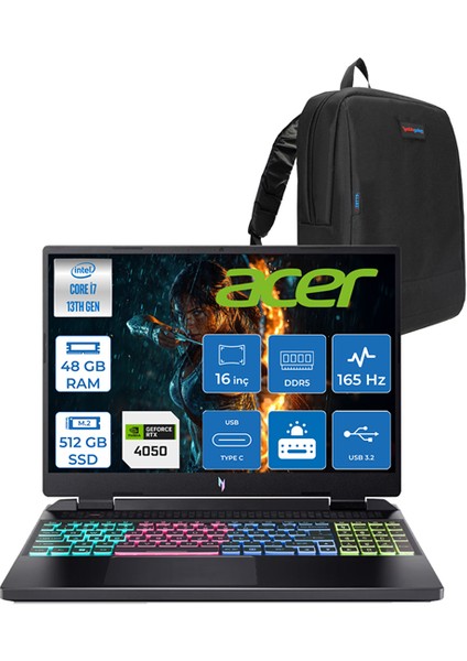 Nitro 16 Intel Core I7 13620H 48GB Ddr5 512GB SSD 6GB/RTX4050/140W 16" Wuxga 165Hz Windows 11 Pro Taşınabilir Bilgisayar AN165178MMH17 + Zettaçanta