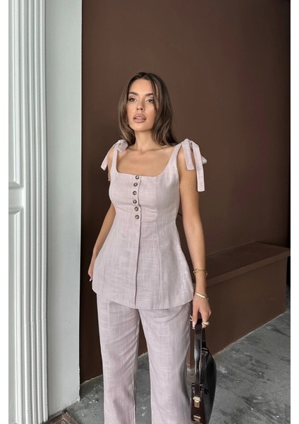 Şantuk Keten Yelek Görünümlü Askılı Bluz - Pantolon Tk - Lila