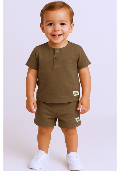 Erkek Bebek Şortlu Takım Bisiklet Yaka Düğmeli Düz Renk