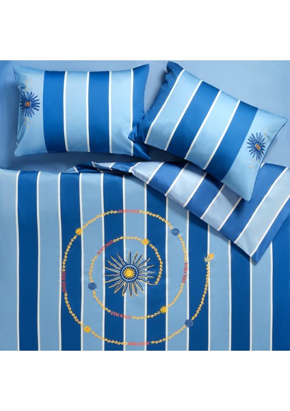 Lahor 300 Tc Çift Kişilik Pamuk Saten Nevresim Seti 200X220 cm Mavi - Beyaz