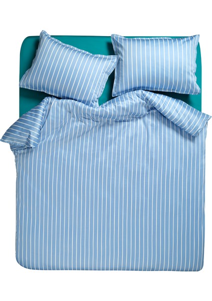 Solıd 300 Tc Geniş Çizgili Çift Kişilik Pamuk Saten Nevresim Seti 200X220 cm Mavi fırsatları