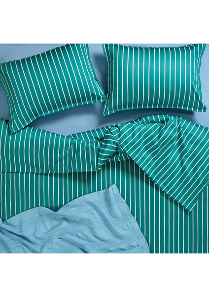Solıd 300 Tc Geniş Çizgili Çift Kişilik Pamuk Saten Nevresim Seti 200X220 cm Koyu Yeşil