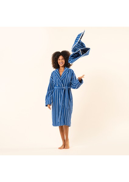 Solıd Geniş Çizgili Iplik Boyalı Pamuk %100 Pamuk Bornoz - Koyu Mavi fırsatları