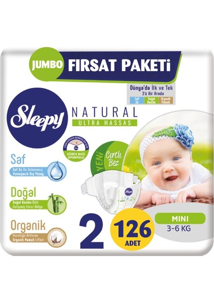 Bebek Bezi Naturel Beden: 2 (3- 6kg) Mini 126 Adet Jumbo Fırsat Pk