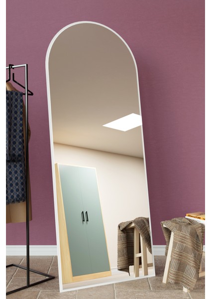 180X70 cm Beyaz Ahşap Çerçeveli Influencer ve Ayaklı Oval Boy Aynası