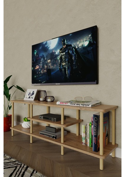 Ahşap Tv Ünitesi – 120 cm – 3 Katlı Açık Raflı Televizyon Sehpası – 30X43X120 cm