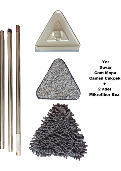 Elite Üçgen Cam Sil Çekçek, Duvar, Yer Silme Temizlik Seti 2 Adet Farklı Mikrofiber Bez 1 Adet