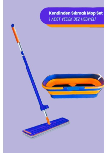 Elite Kendinden Sıkmalı Katlanır Kovalı Mop Paspas Seti Kendini Temizleyen Mikrofiber Yedek Bez Hediyeli 1 Adet