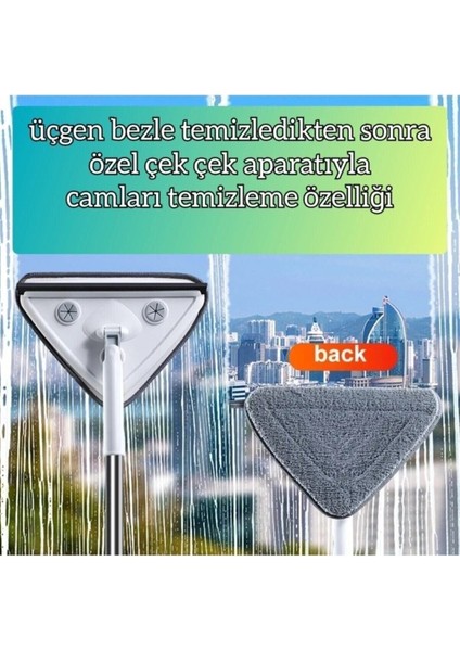 Elite Teleskopik 3 Sopalı Toplam 3 Bezli Üçgen Camsil Duvar Yüzey Cam Silme Aparatı Mop ZARIFF01 1 Adet