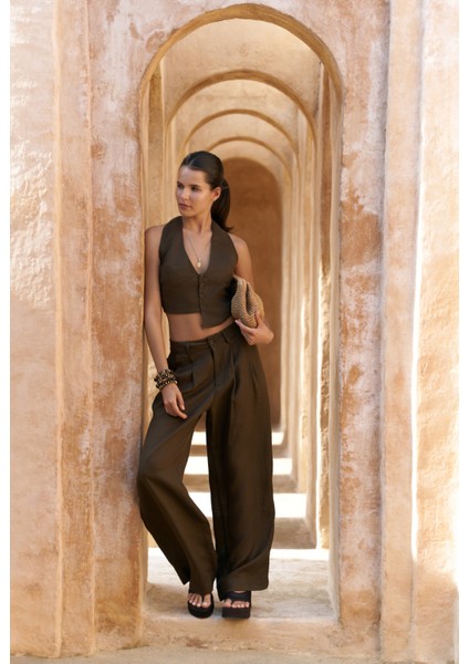 Lvdovila Kahve Keten Crop Yelek Pantolon Takım