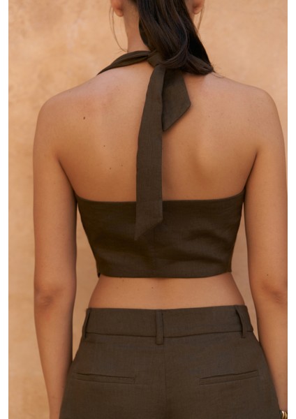 Lvdovila Kahve Keten Crop Yelek Pantolon Takım
