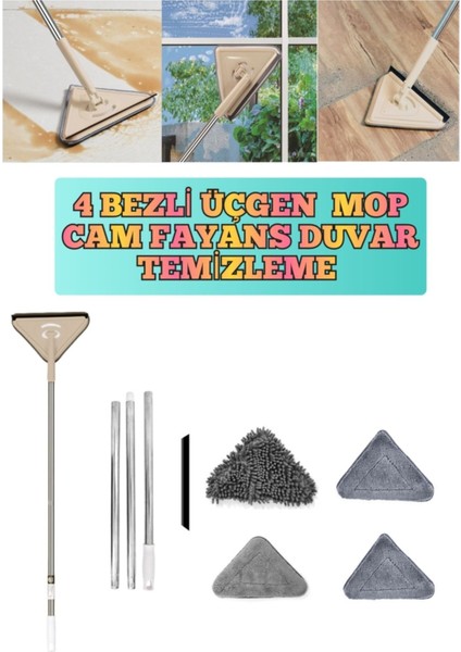 Elite 4 Bezli Üçgen Mop Cam Parke Fayans Temizleme , Mikrofiber Teleskopik Sap 1 Adet