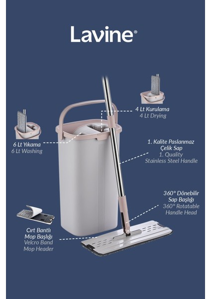 Elite Lavine Flat Mop Temizlik Seti ”gri” Tablet Mop Su Tahliyeli Paslanmaz Çelik Saplı Premium Kova 1 Adet