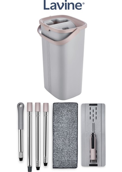 Elite Lavine Flat Mop Temizlik Seti ”gri” Tablet Mop Su Tahliyeli Paslanmaz Çelik Saplı Premium Kova 1 Adet
