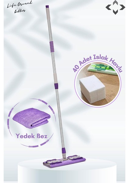 Elite Flatch Mop Set Mandallı Çok Amaçlı Temizlik Mopu 1 Adet Yedek Bez ve 40 Adet Islak Havlu Mor - Yeşil 1 Adet