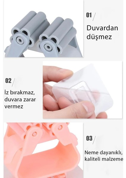 Elite Mop Tutucu 4 Adet Renkli Yapışkanlı Tutucu Fırça Süpürge Askılık Yer Silme Temizlik Seti 1 Adet