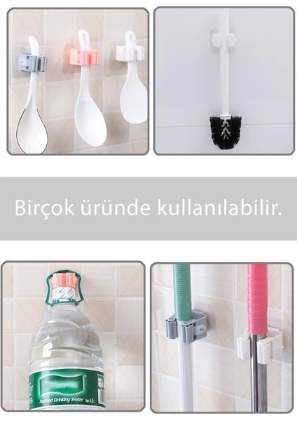 Elite Mop Tutucu 4 Adet Renkli Yapışkanlı Tutucu Fırça Süpürge Askılık Yer Silme Temizlik Seti 1 Adet