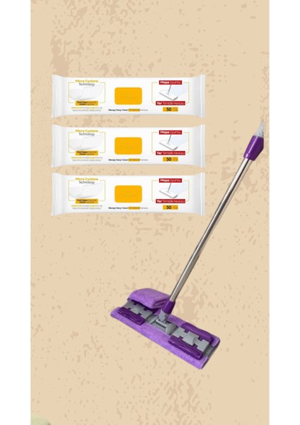 Elite Mop Easy Clean Arap Sabun Katkılı Mopa Uyumlu Yer Temizlik Havlusu 50 Yaprak 3 Paket Mop Seti 1 Adet