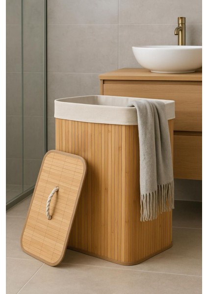 Elite 35X35X50 cm Kare Bambu Kirli Sepeti 1 Adet