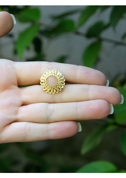 Doğal Taş Pembe Kuvars Doğal Taşlı Telkari Model Kadın Ayarlanabilir Altın Kaplama Yüzük EUY63PKG modelleri