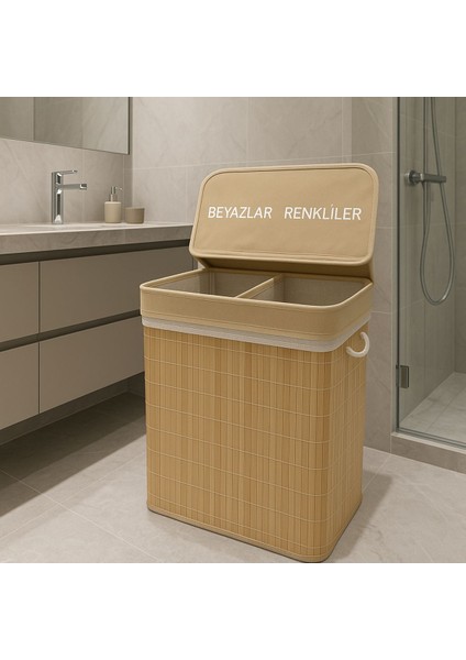 Elite Bambu Çamaşır Sepeti 100 Lt 60X52X32 cm Büyük Boy Premium Beyazlar/renkliler Ayrı Bölmeli 1 Adet