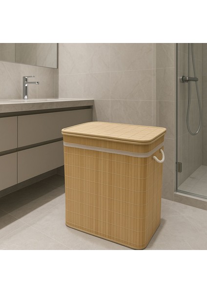 Elite Bambu Çamaşır Sepeti 100 Lt 60X52X32 cm Büyük Boy Premium Beyazlar/renkliler Ayrı Bölmeli 1 Adet