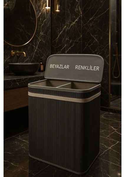 Elite Bambu Çamaşır Sepeti 60X52X32 Beyazlar/renkliler Ayrı Bölmeli-Gri RENK-100 Lt Büyük Boy 1 Adet