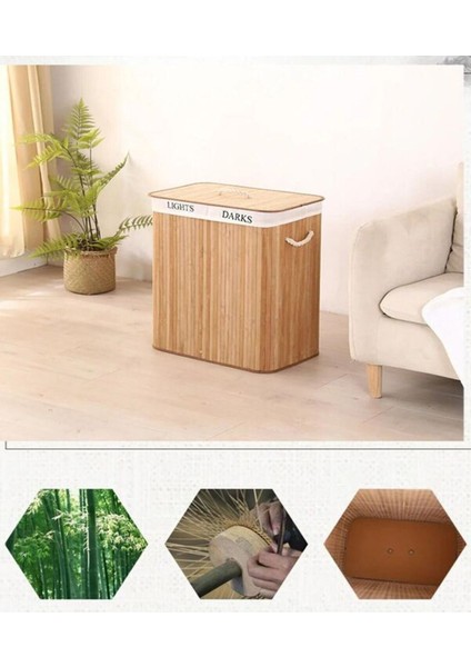 Elite Bambu Çamaşır Sepeti, 100 L Çamaşır Ayırıcı, 2 Bölmeli, Çıkarılabilir Çamaşır Torbalı Katlanabilir 1 Adet