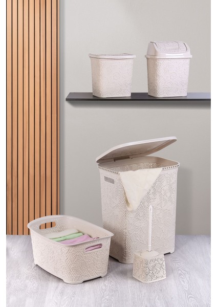 Elite Dantel Desen 5 Parça Banyo Seti Kirli Sepeti Çamaşır Selesi Deterjanlık Wc Fırça Çeyiz Seti 1 Adet