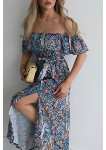 Kadın Kısa Kollu Madonna Yaka Fırfırlı Belden Yırtmaçlı Maksi Süprem Elbise