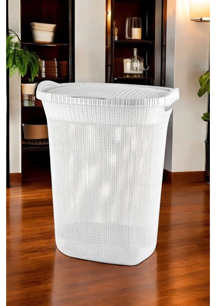 Elite Rattan Desenli Beyaz Çamaşır Sepeti | Şık Dekoratif Çamaşır Sepeti 65LT Hacim 1 Adet fiyatları