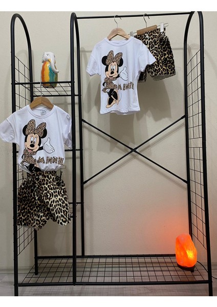 Minnie Mouse Yıkamalı Ince Leopar Desenli Kot Şort Alt Üst Takım Kız Çocuk