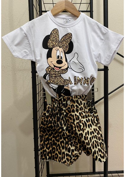 Minnie Mouse Yıkamalı Ince Leopar Desenli Kot Şort Alt Üst Takım Kız Çocuk