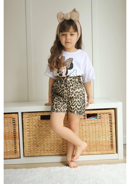 Minnie Mouse Yıkamalı Ince Leopar Desenli Kot Şort Alt Üst Takım Kız Çocuk