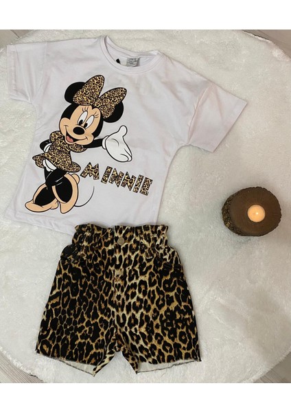 Minnie Mouse Yıkamalı Ince Leopar Desenli Kot Şort Alt Üst Takım Kız Çocuk fiyatları