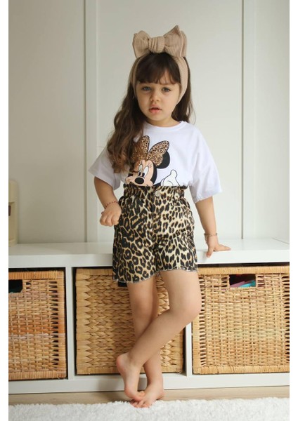 Minnie Mouse Yıkamalı Ince Leopar Desenli Kot Şort Alt Üst Takım Kız Çocuk modelleri