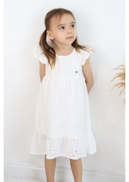 Kız Çocuk Elbise Güpürlü Çiçek Nakışlı 4-9 Yaş, Ekru