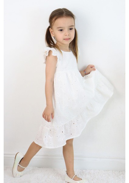 Kız Çocuk Elbise Güpürlü Çiçek Nakışlı 4-9 Yaş, Ekru fiyatları